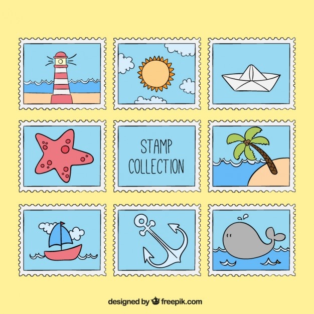 Free Vector hand drawn summer elements stamps