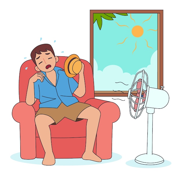 Free Vector hand drawn summer heat background with man in front of fan