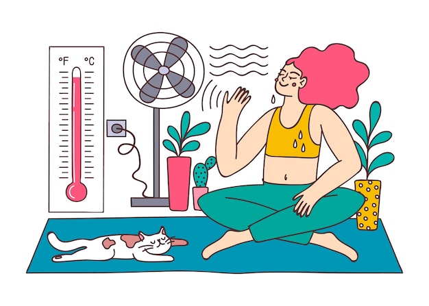 Free Vector hand drawn summer heat illustration with woman in front of fan