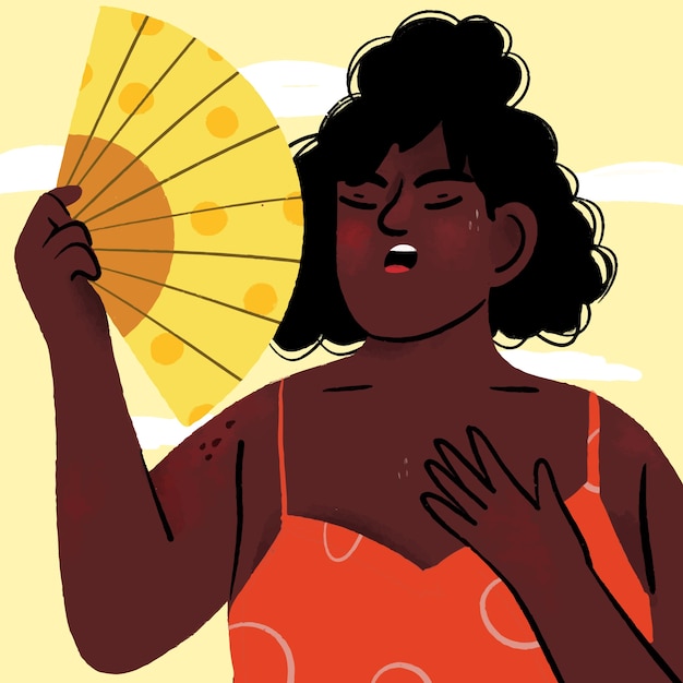 Hand drawn summer heat illustration with woman holding hand fan