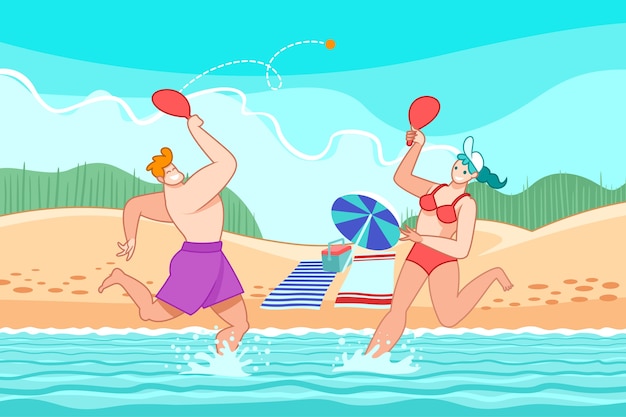 Hand drawn summer illustration with people playing with rackets by the beach