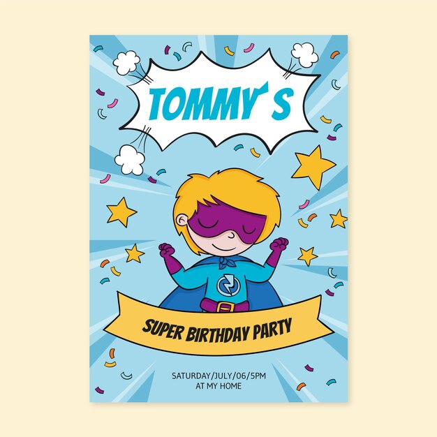 Hand drawn superhero birthday invitation