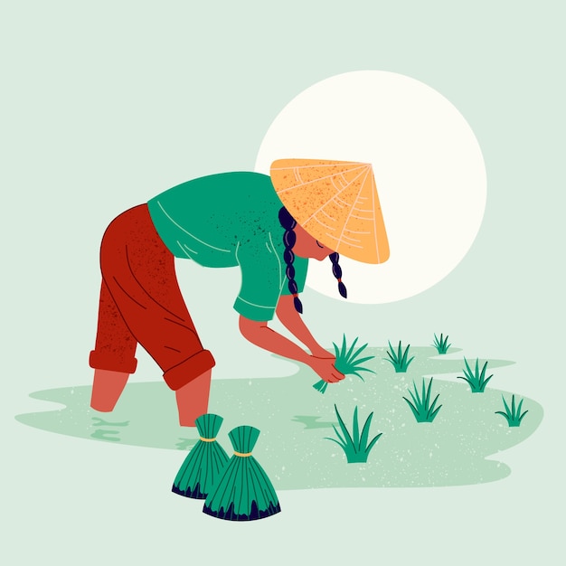 Free vector hand drawn texture asian farmer illustrated