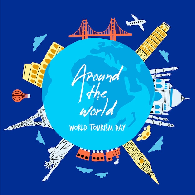 Free Vector hand drawn tourism day with landmarks