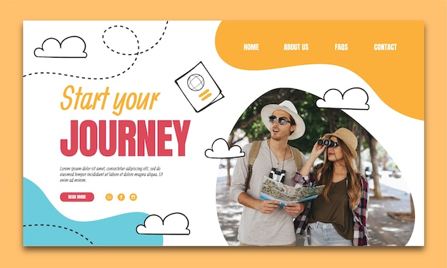 Hand drawn travel agency landing page with clouds