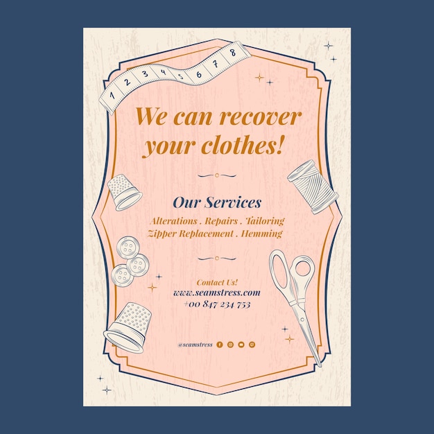 Hand drawn vintage seamstress poster template