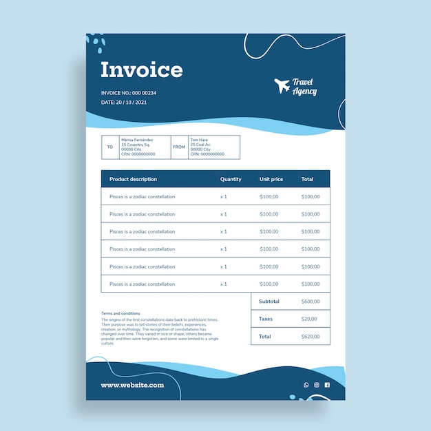 Hand-drawn waves blue travel agency invoice