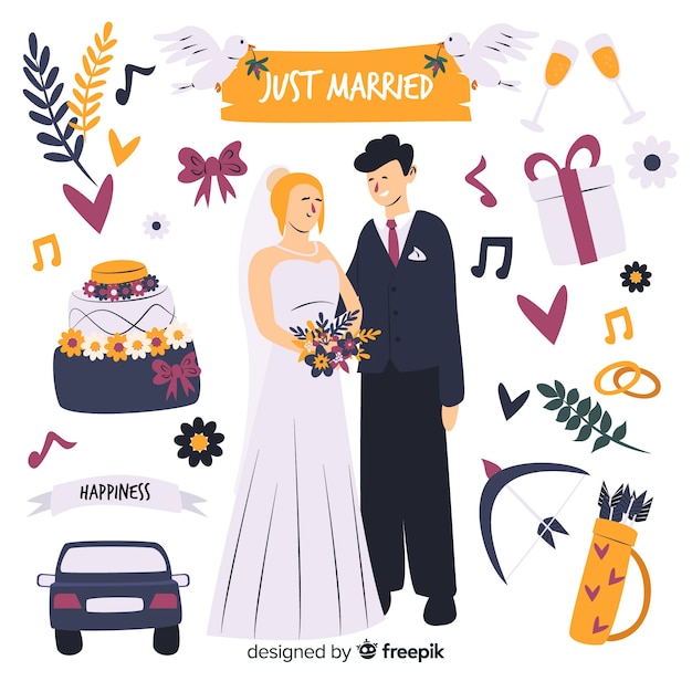 Free vector hand drawn wedding couple with elements