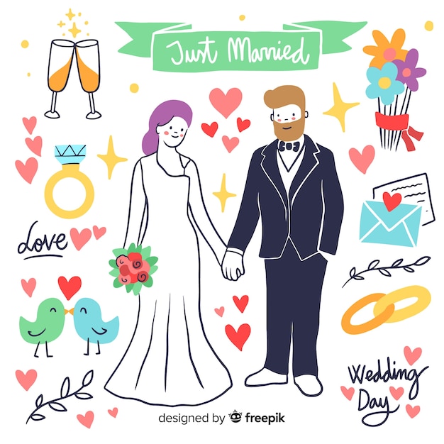 Free vector hand drawn wedding couple with elements