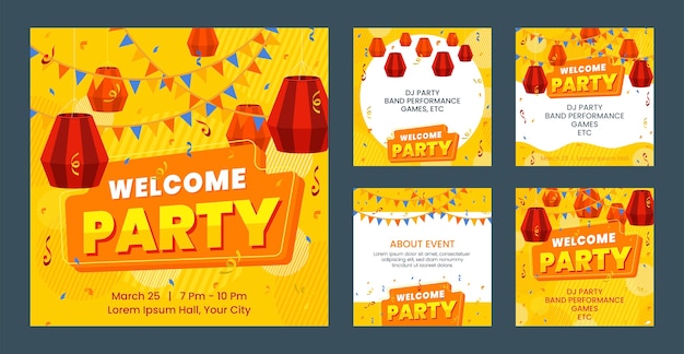 Free Vector hand drawn welcome party instagram posts template