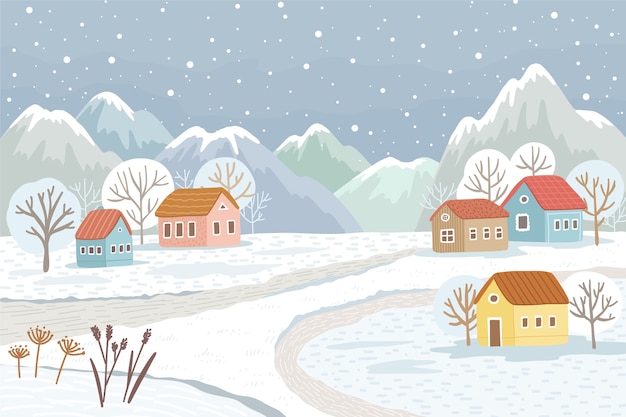 Hand drawn winter village illustration