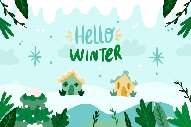 Free Vector hand drawn winter wallpaper with hello winter text