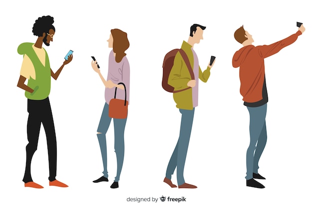 Free Vector hand drawn young people holding smartphones 