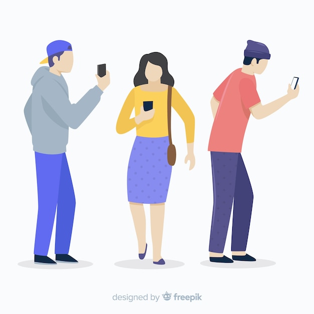 Free vector hand drawn young people using smartphone set