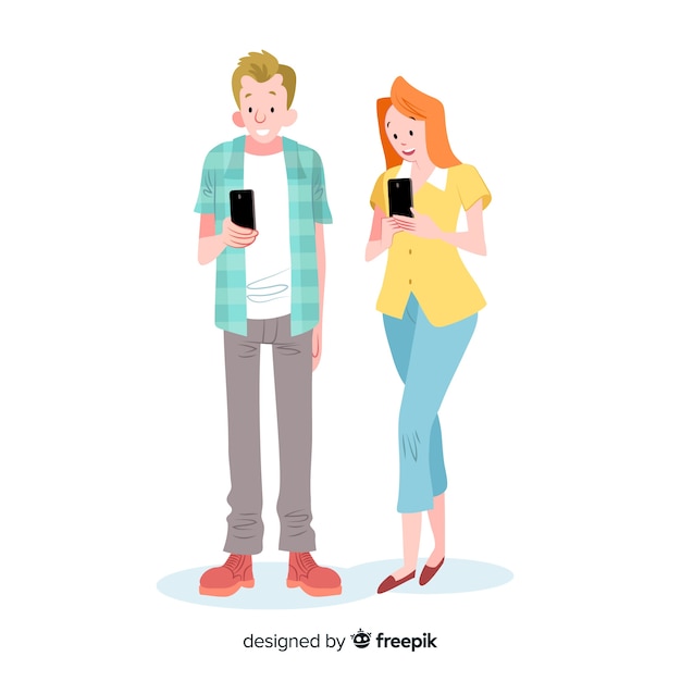 Free vector hand drawn young people using smartphone set