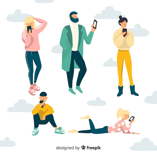 Free Vector hand drawn young people using smartphone set