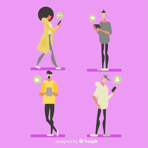 Free Vector hand drawn young people using smartphone set