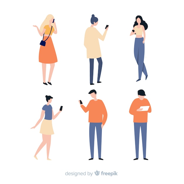 Free vector hand drawn young people using smartphone set