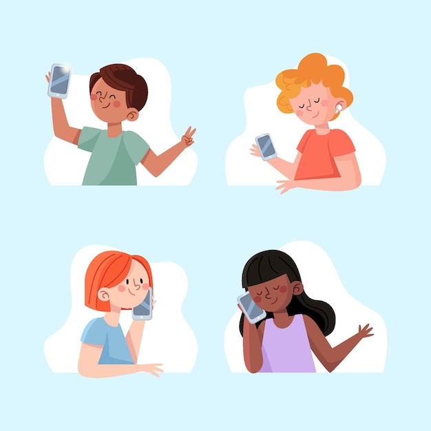 Free Vector hand drawn young people using smartphones