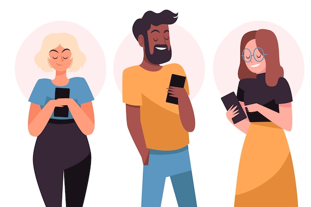 Free vector hand drawn young people using smartphones