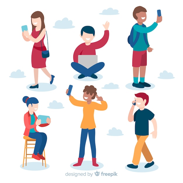 Free vector hand drawn young people using technological device pack