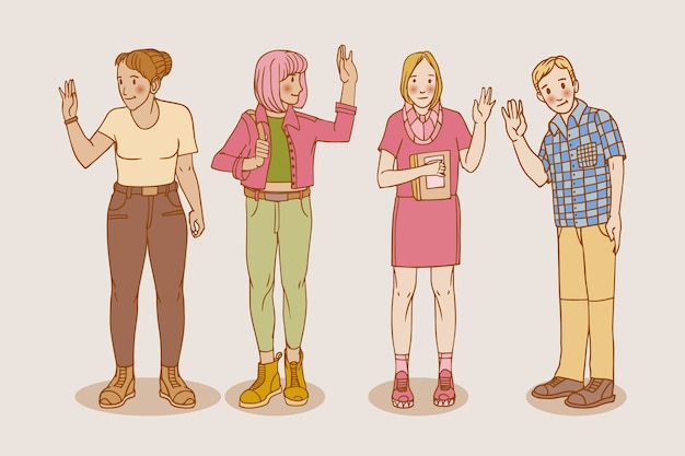 Free vector hand drawn young people waving hand collection