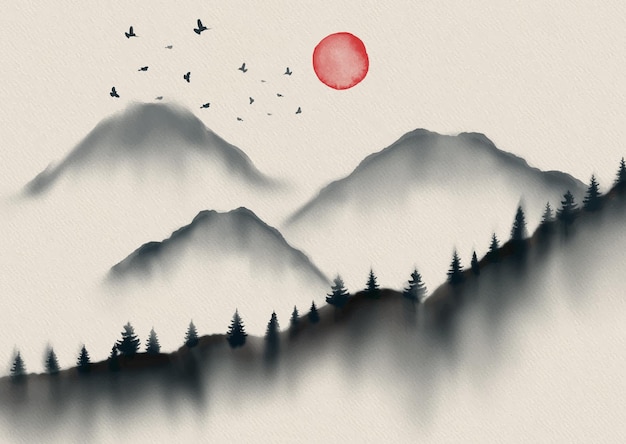 Free vector hand painted landscape in traditional japanese themed style