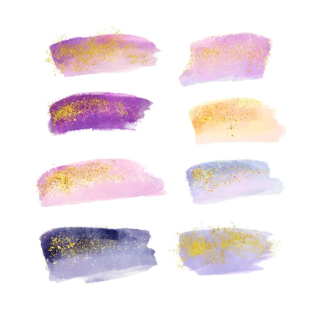 Free Vector hand painted watercolor brush strokes with gold and glitter