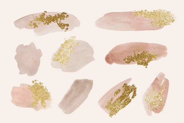 Free Vector hand painted watercolor brush strokes with gold and glitter