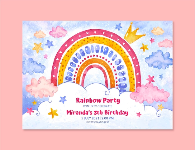 Free Vector hand painted watercolor rainbow birthday invitation template