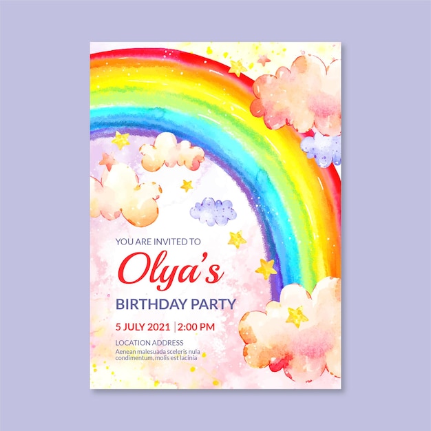 Free Vector hand painted watercolor rainbow birthday invitation template