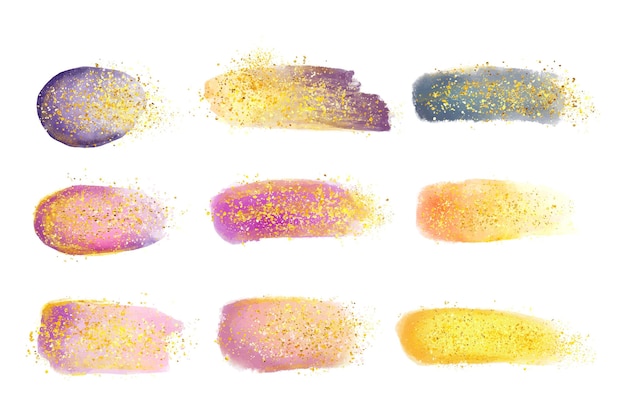 Free Vector hand painted watercolor stains and brush strokes with gold and glitter