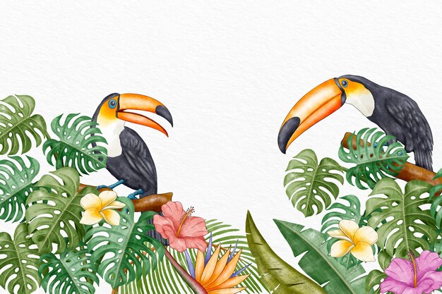 Hand painted watercolor tropical birds background