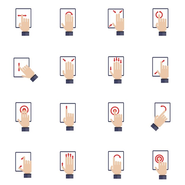 Hand touching screen of mobile device tablet flat icons set 