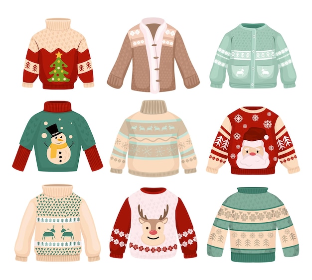 Free vector handmade christmas sweaters set with traditional north ornamental pattern santa claus and snowman images isolated vector illustration