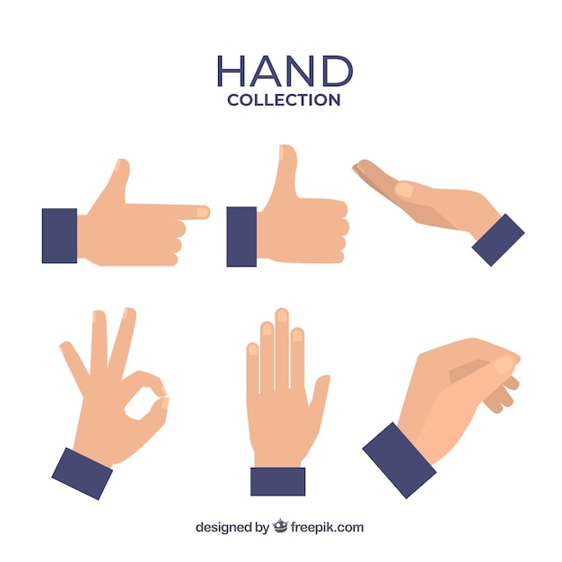 Hands collection with different poses in flat style