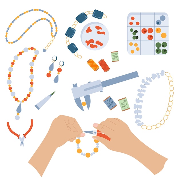 Free vector hands craft flat composition with set of isolated jewelry icons with beads necklace parts and tools vector illustration