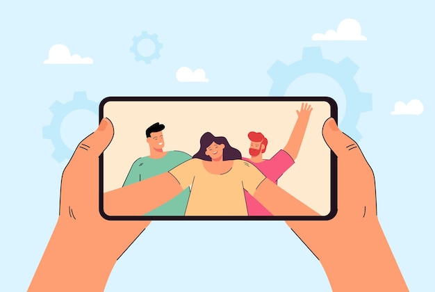 Free Vector hands holding smartphone with selfie on screen. friends taking photo together flat vector illustration. friendship, communication, technology concept for banner, website design or landing web page