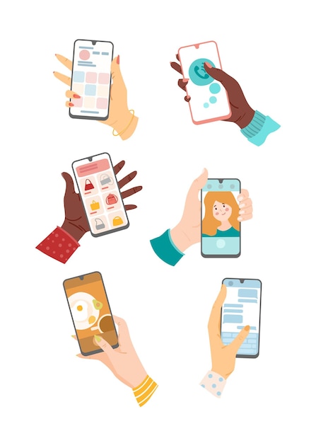 Free vector hands of users with mobile phones set. vector illustrations of people using smartphones. cartoon social media, video call and messenger apps on screens of cellphones isolated on white. network concept