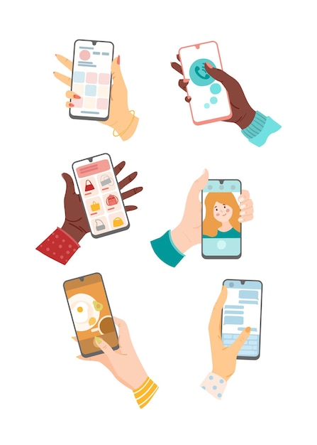 Hands of users with mobile phones set. Vector illustrations of people using smartphones. Cartoon social media, video call and messenger apps on screens of cellphones isolated on white. Network concept