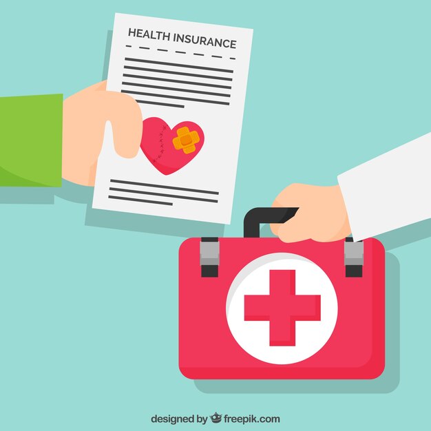 Hands with health insurance's document and first aid kit