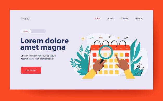 Hands with magnifier checking calendar landing page in flat style