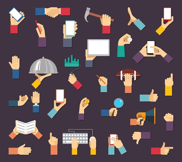 Free Vector hands with objects. hands hold devices and tools. hand and object, device tool hand, equipment hand