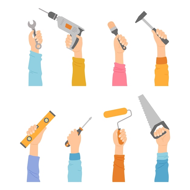 Free Vector hands with tools, housework instruments renovation