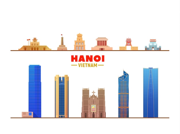 Free Vector hanoi vietnam main landmarks in white background vector illustration business travel and tourism concept with modern buildings image for banner or web site