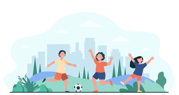 Free Vector happy active children playing football outdoors flat vector illustration. cartoon child characters running with soccer ball. sport game and playground concept