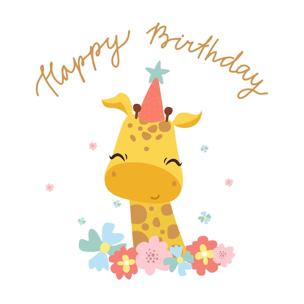 Free Vector happy birthday greeting card with cute giraffe