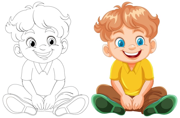 Free Vector happy boy sitting before and after coloring