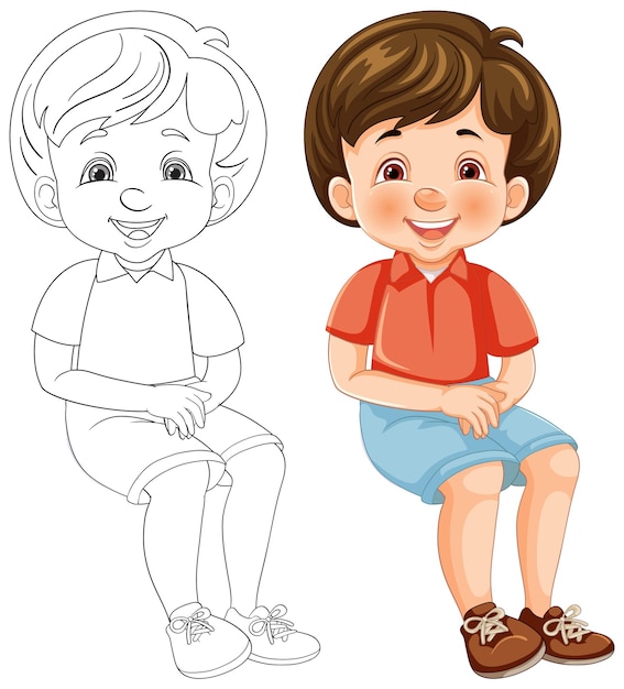 Free Vector happy boy sitting color and line art