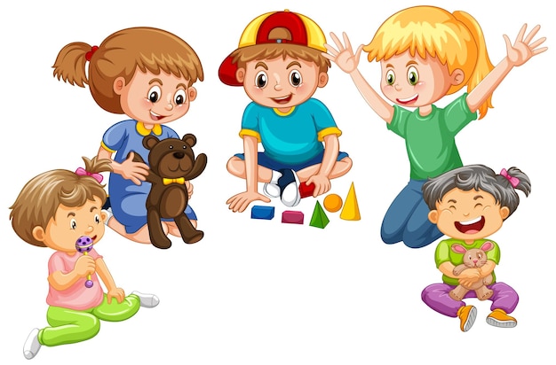 Happy children playing toy on white background